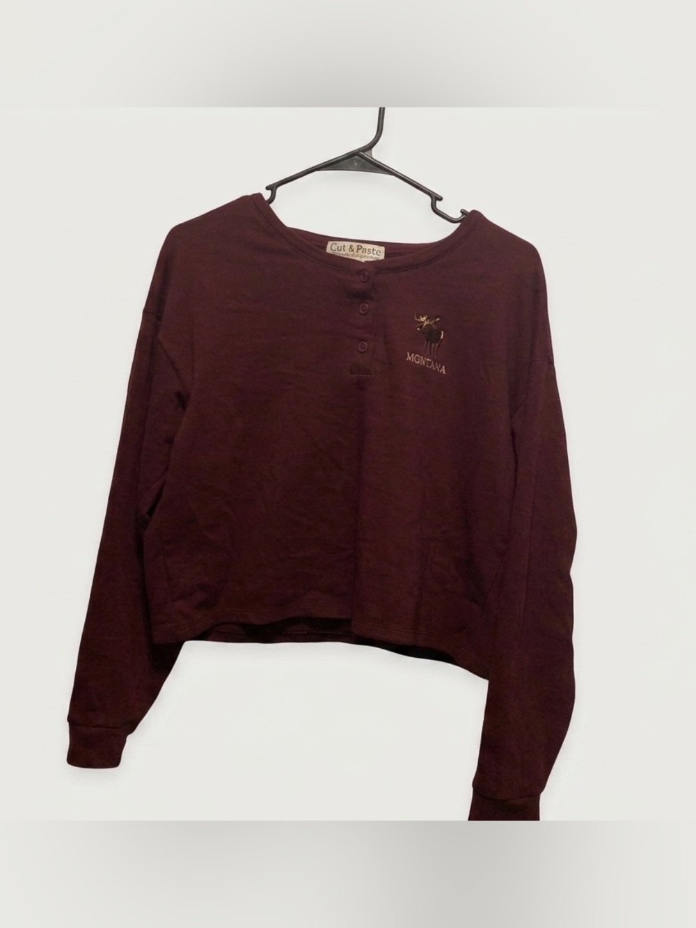 NWOT Cut & Paste Embroidered Moose “Montana” Burgundy Sweater